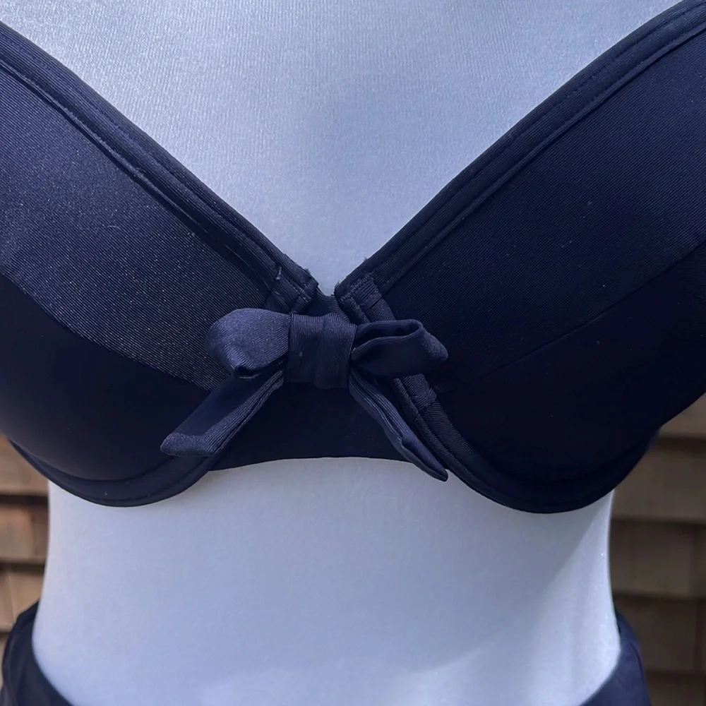 DKNY 2pc. Bikini Bathing Suit. Retro Style Hi Waist w/Padded Underwire Bra. Navy - Picture 3 of 12